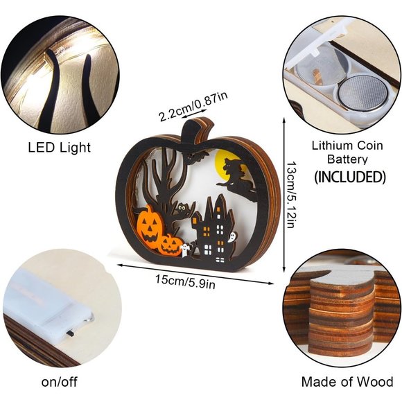 Halloween Wooden Table Sign Light Pumpkin Decoration Supply - Picture 3 of 11